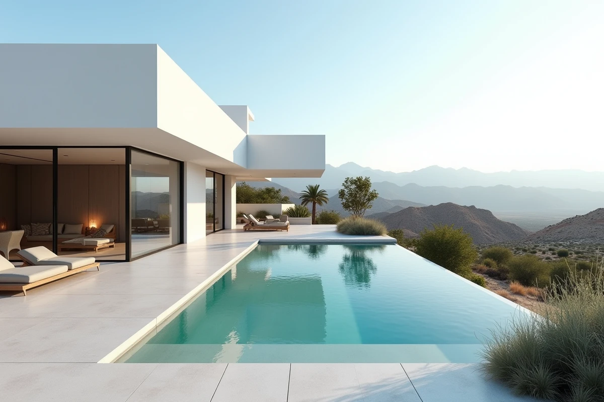Villa moderne avec piscine à débordement en périphérie de Marrakech avec vue sur les montagnes de l'Atlas