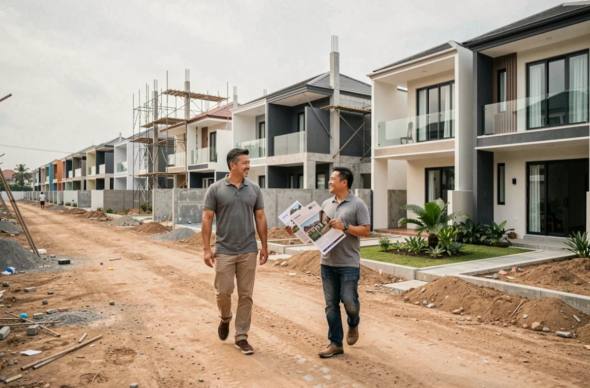 Acheteur visitant un lotissement de villas à Pattaya avec un agent immobilier local, illustrant la qualité inégale des propriétés à prix d'entrée bas