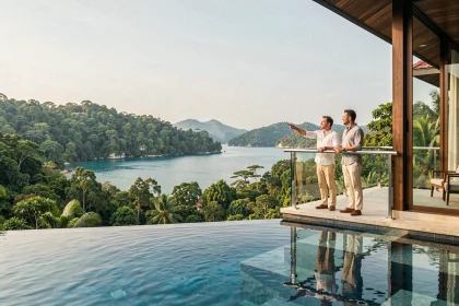 Couple sur la terrasse d'une villa de luxe en Thaïlande avec vue sur une baie turquoise, illustrant le marché immobilier thaïlandais