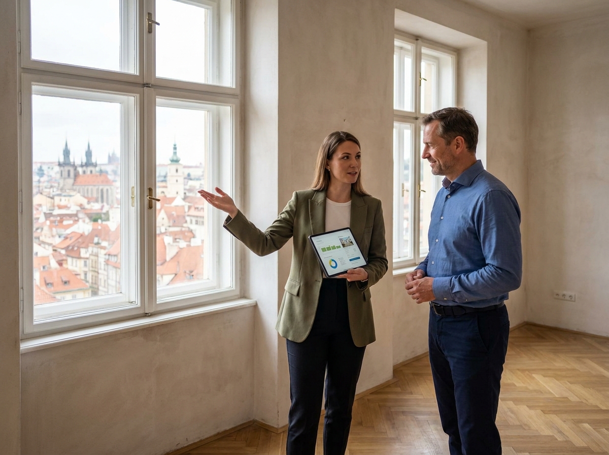 Agente immobilière locale présentant un appartement à un acheteur potentiel avec vue sur un quartier historique européen aux toits en tuiles
