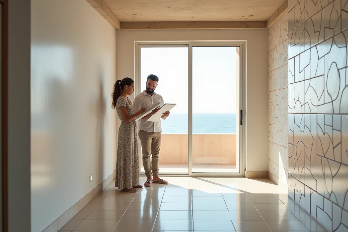 Couple marocain visitant un appartement neuf à vendre dans une résidence moderne à Agadir