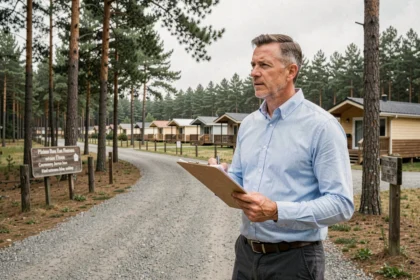 Acheteur potentiel inspectant l'entrée d'un camping lors d'une visite avant reprise