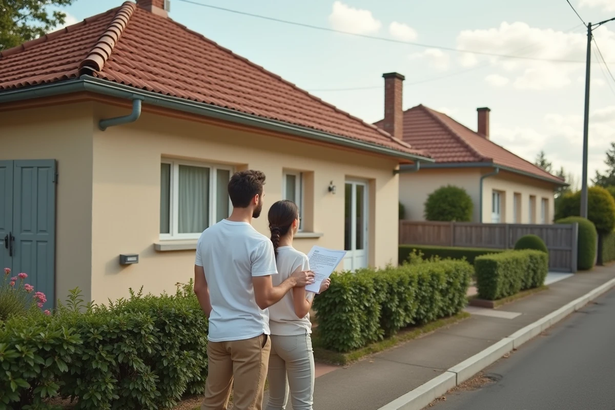 Couple visitant une maison plain-pied de plain-pied 2 chambres en location dans un quartier résidentiel