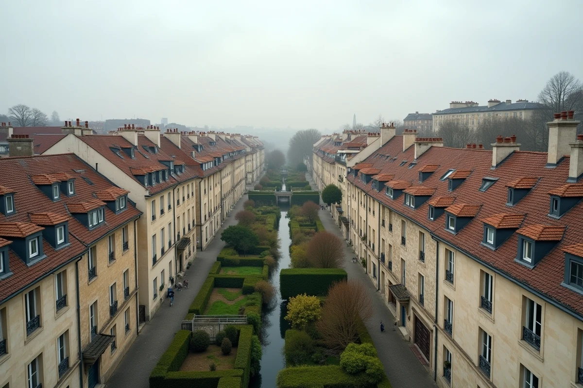 Vue aérienne contrastant un quartier urbain dense en zone tendue et un village résidentiel paisible en zone détendue