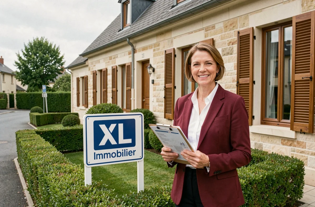 Agente XL Immobilier Nancy devant une maison à vendre avec panneau et documents